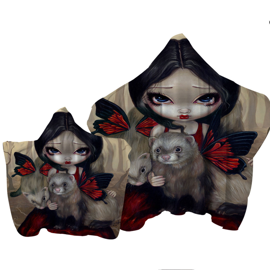 Hooded Beach Towel with Beautiful Maiden with Red Butterfly Ferrets