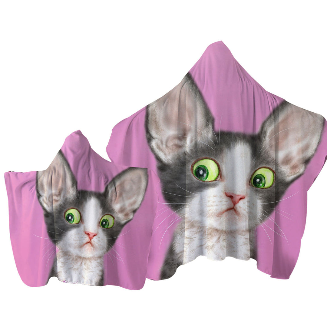 Hooded Beach Towel with Big Ears Girly Kitty Cat over Pink