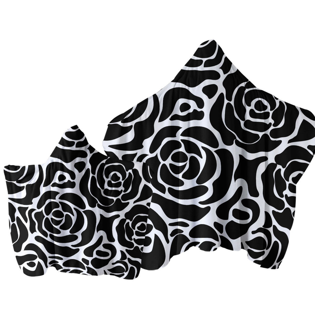 Hooded Beach Towel with Black and White Roses Pattern