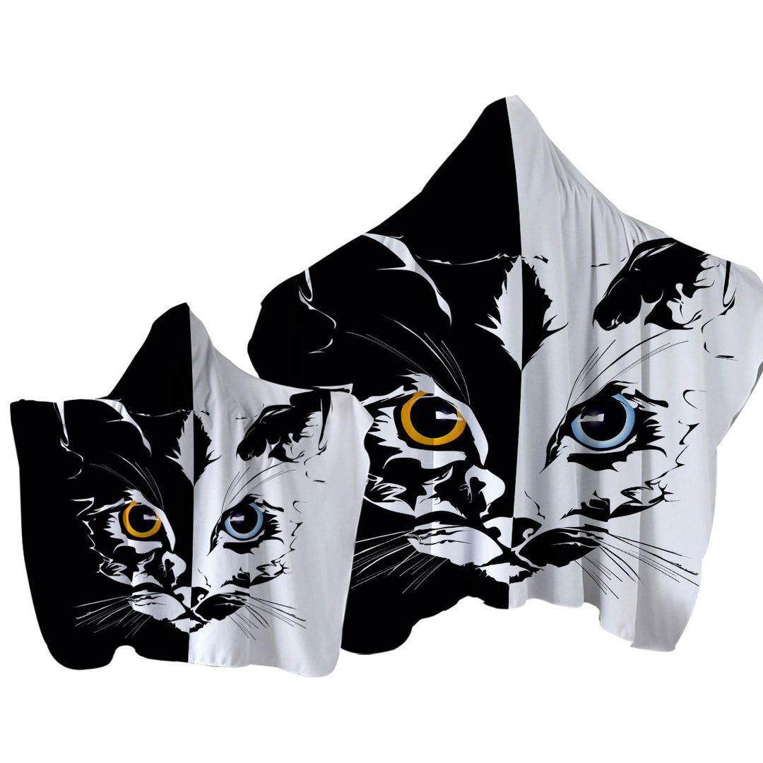 Hooded Beach Towel with Black and White Tough Cat Face Yellow VS Blue