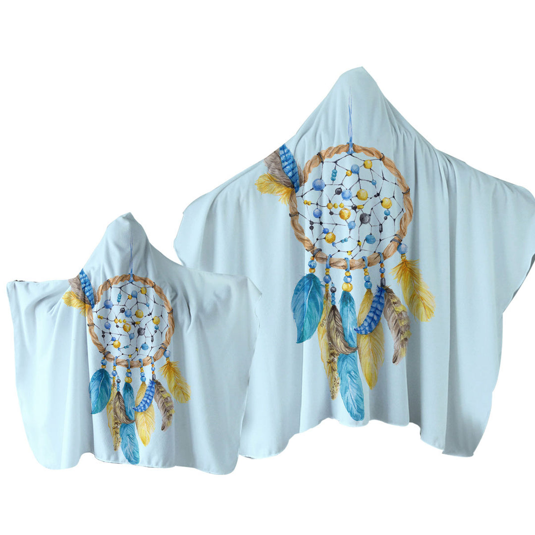 Hooded Beach Towel with Blue and Yellow Feathers Dream Catcher