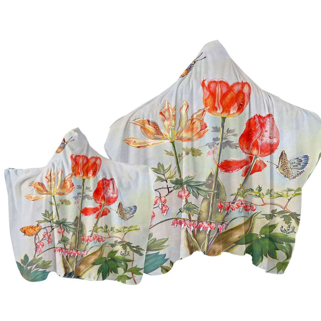 Hooded Beach Towel with Butterflies and Flowers Art Bleeding Hearts and Tulips