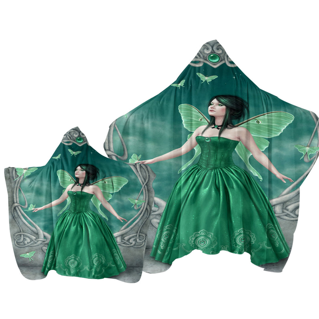 Hooded Beach Towel with Butterflies and Green Emerald Butterfly Girl