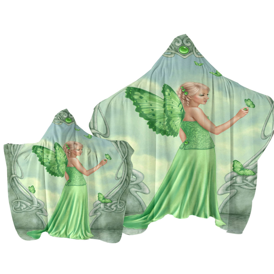 Hooded Beach Towel with Butterflies and Green Peridot Butterfly Girl