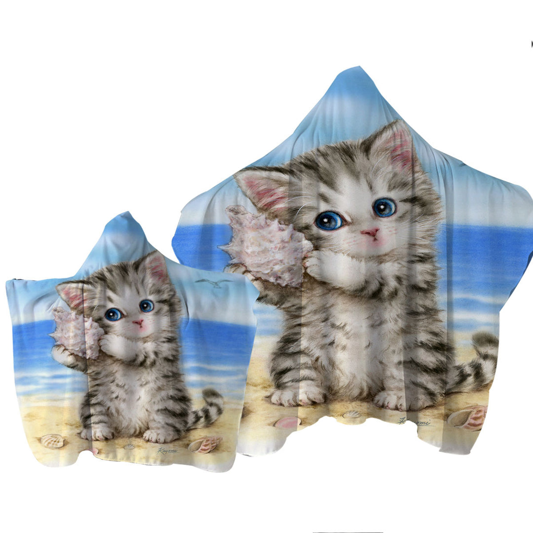 Hooded Beach Towel with Cat Drawings Cute Grey Kitten at the Beach