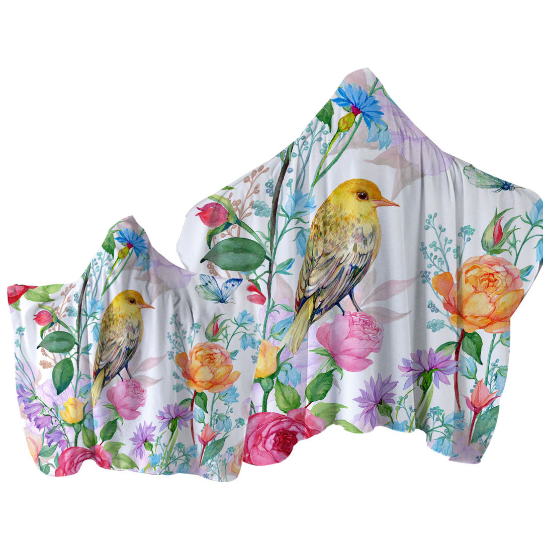 Hooded Beach Towel with Colorful Flowers and Bird