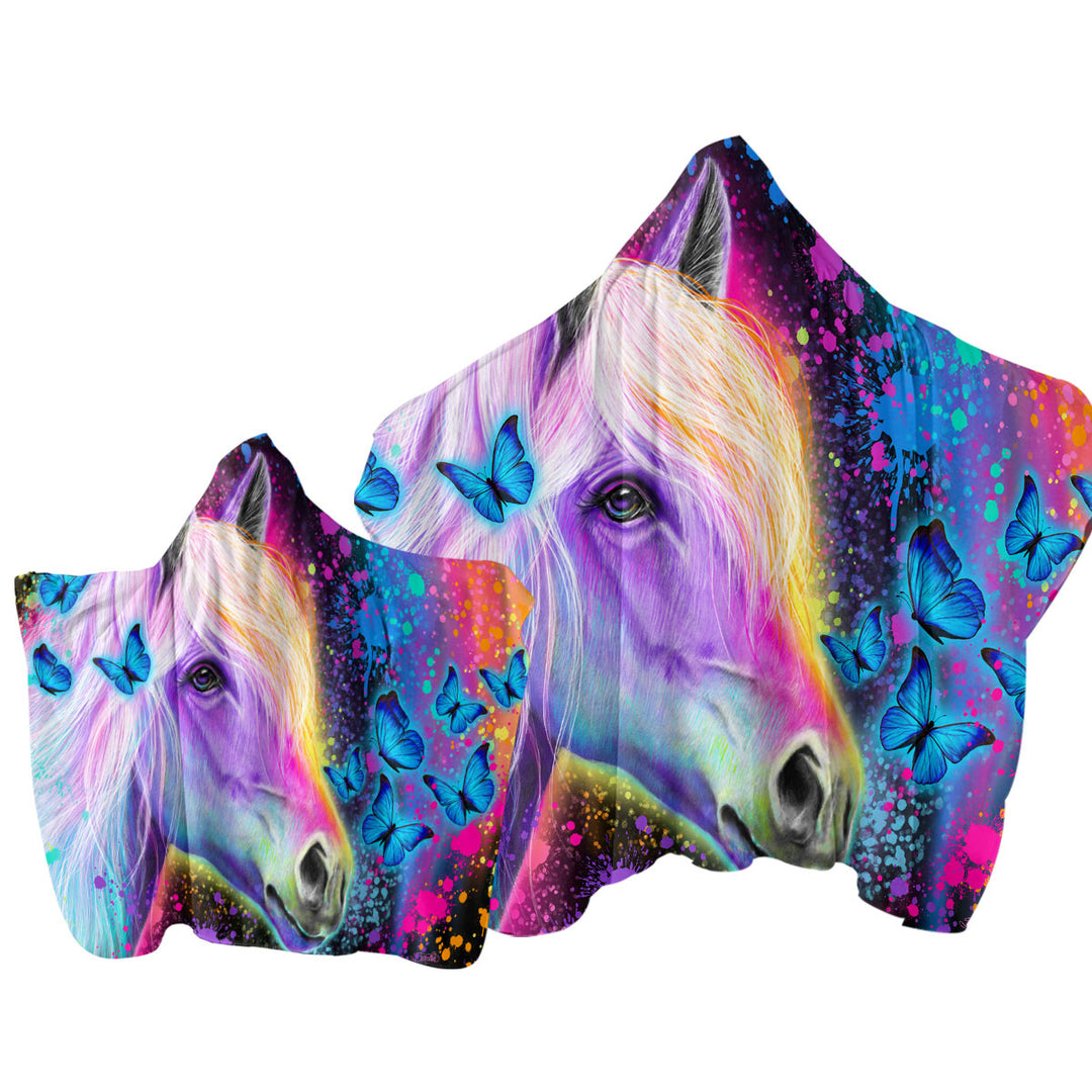 Hooded Beach Towel with Colorful Neon Rainbow Horse and Butterflies