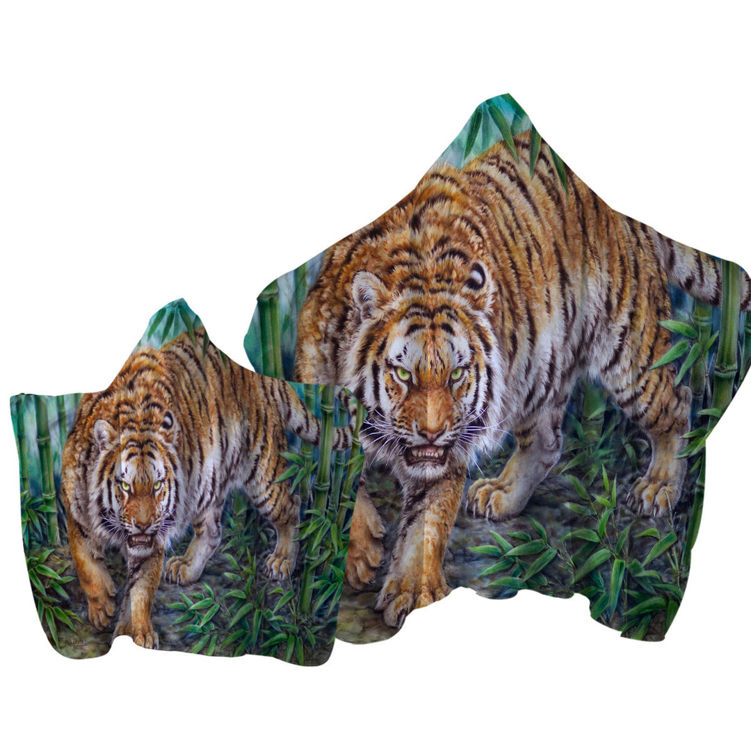 Hooded Beach Towel with Cool Animal Art Dangerous Tiger in Bamboo Forest