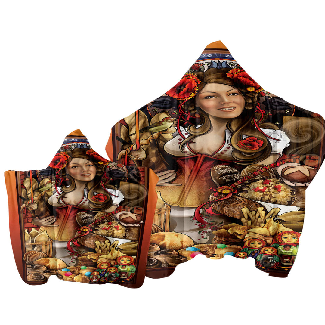 Hooded Beach Towel with Cool Art Pretty Woman the Goddess of Bread