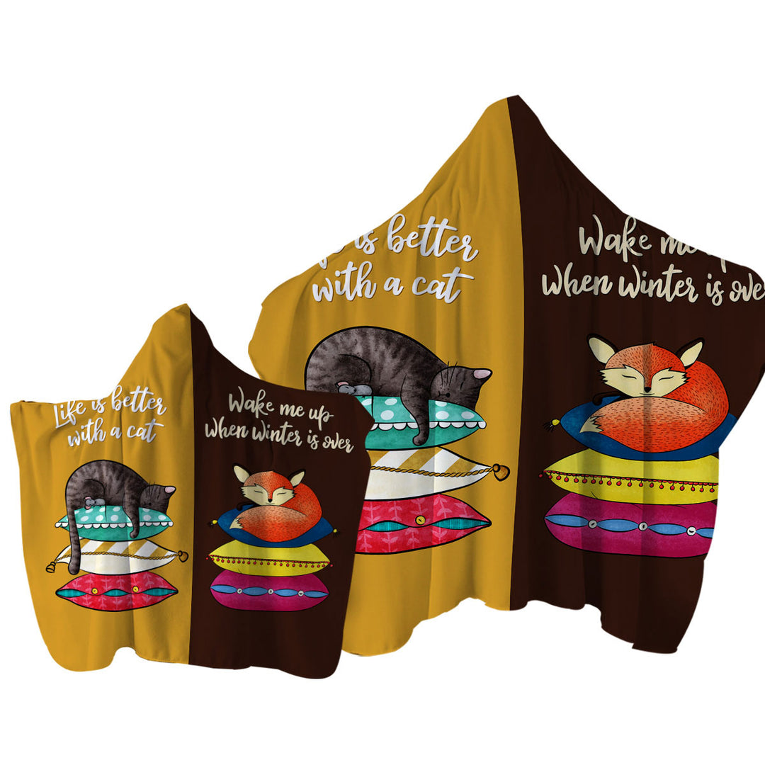 Hooded Beach Towel with Cool Cat and Fox Funny Quote