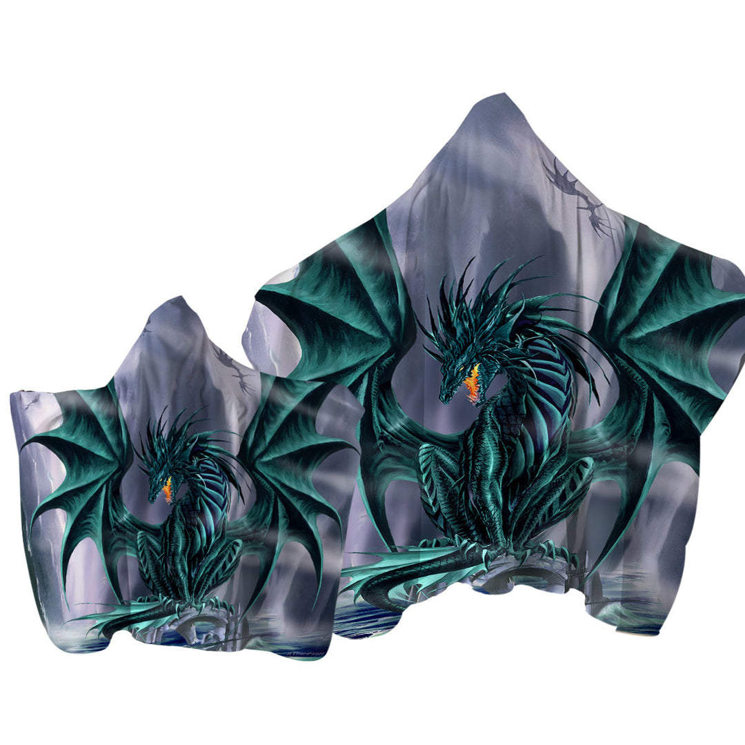 Hooded Beach Towel with Cool Fantasy Design Ocean Cliff Jade Dragon