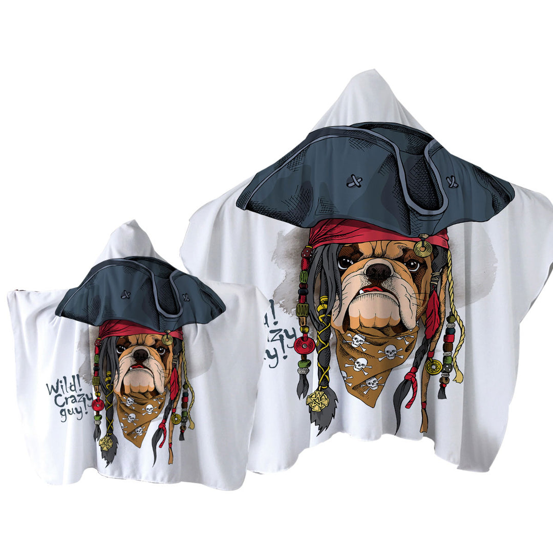 Hooded Beach Towel with Cool and Crazy Pirate Bulldog