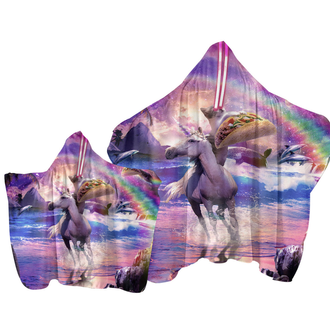 Hooded Beach Towel with Crazy Funny Art Laser Space Cat on Unicorn Eating Taco