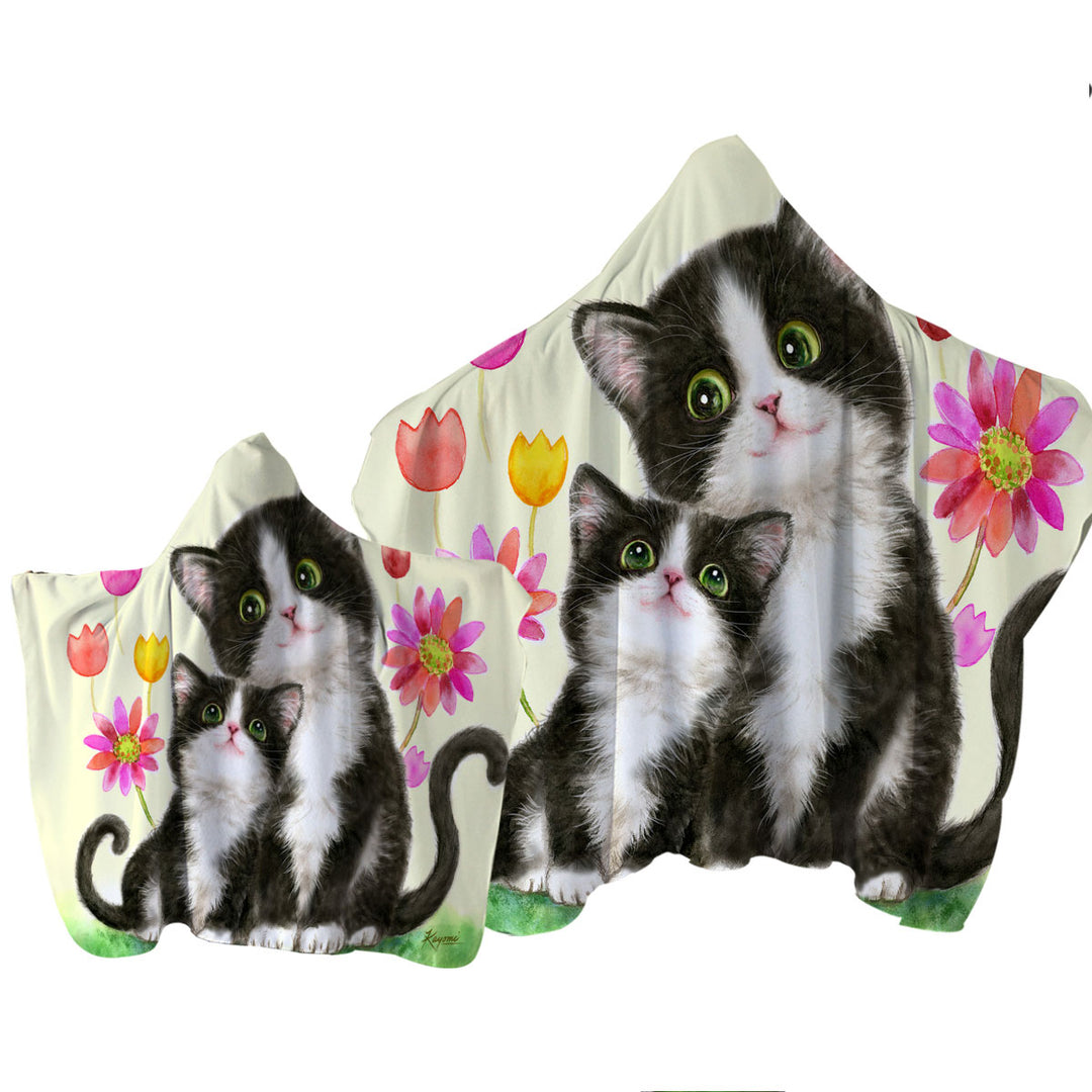 Hooded Beach Towel with Cute Black and White Cats Mother and Daughter