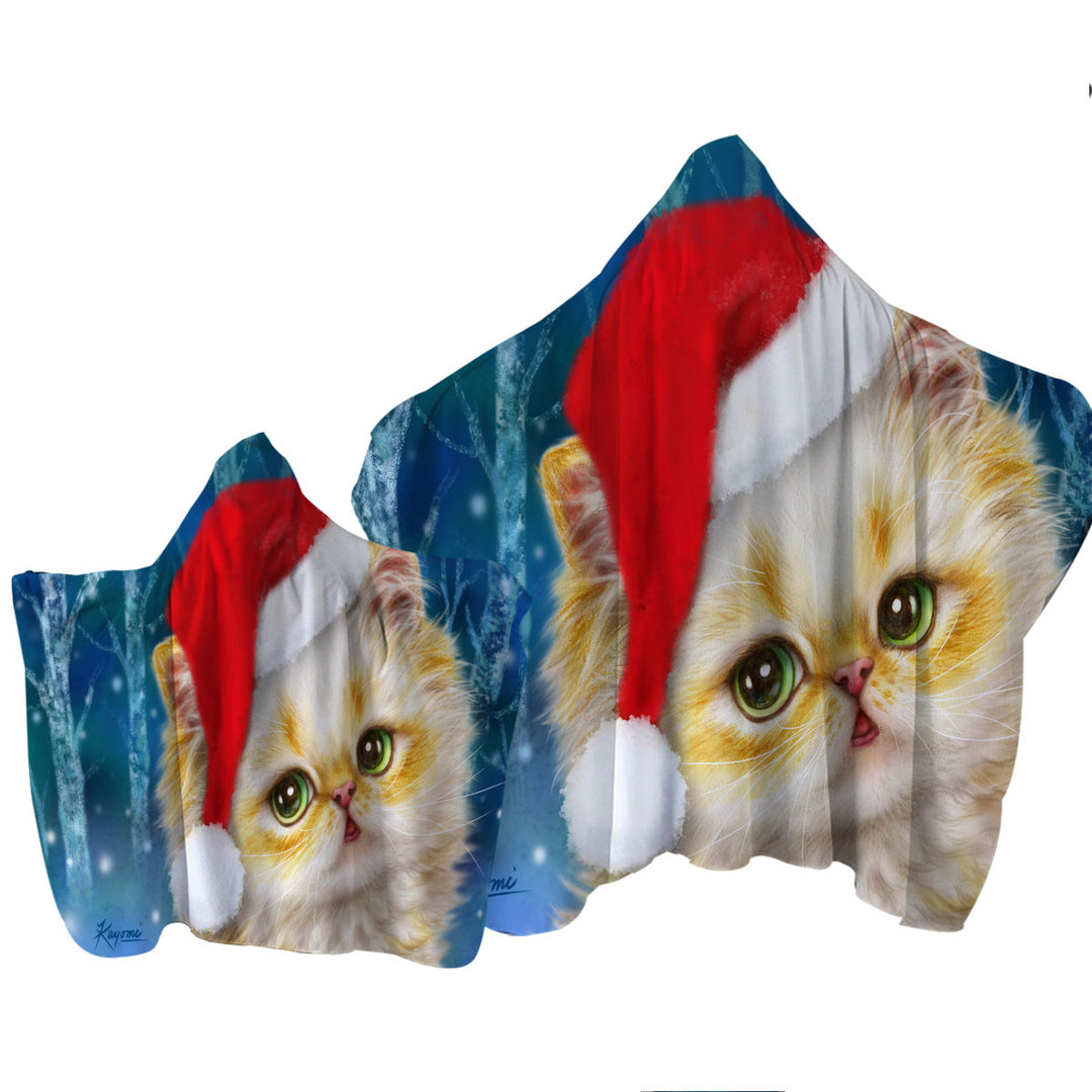 Hooded Beach Towel with Cute Christmas Cat Design Ginger Santa Kitten