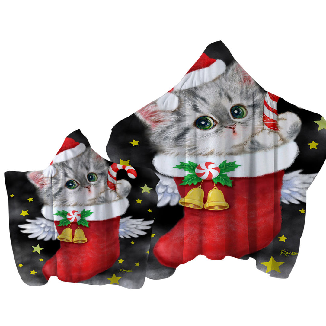 Hooded Beach Towel with Cute Grey Kitty in Red Angle Christmas Sock