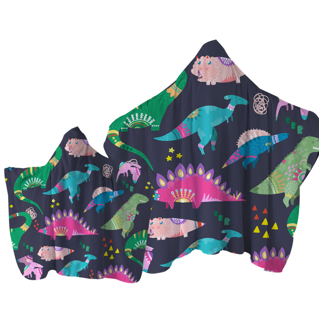 Hooded Beach Towel with Cute Multi Colored Sleeping Dinosaurs