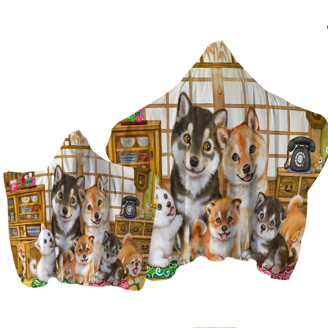 Hooded Beach Towel with Cute Shiba Inu Dogs and Puppies Family