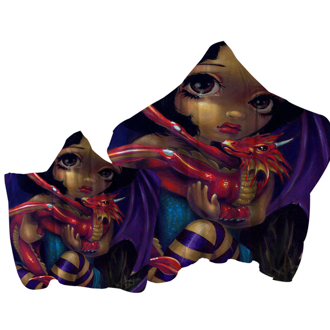 Hooded Beach Towel with Darling Dragonling Fairy and Red Baby Dragon