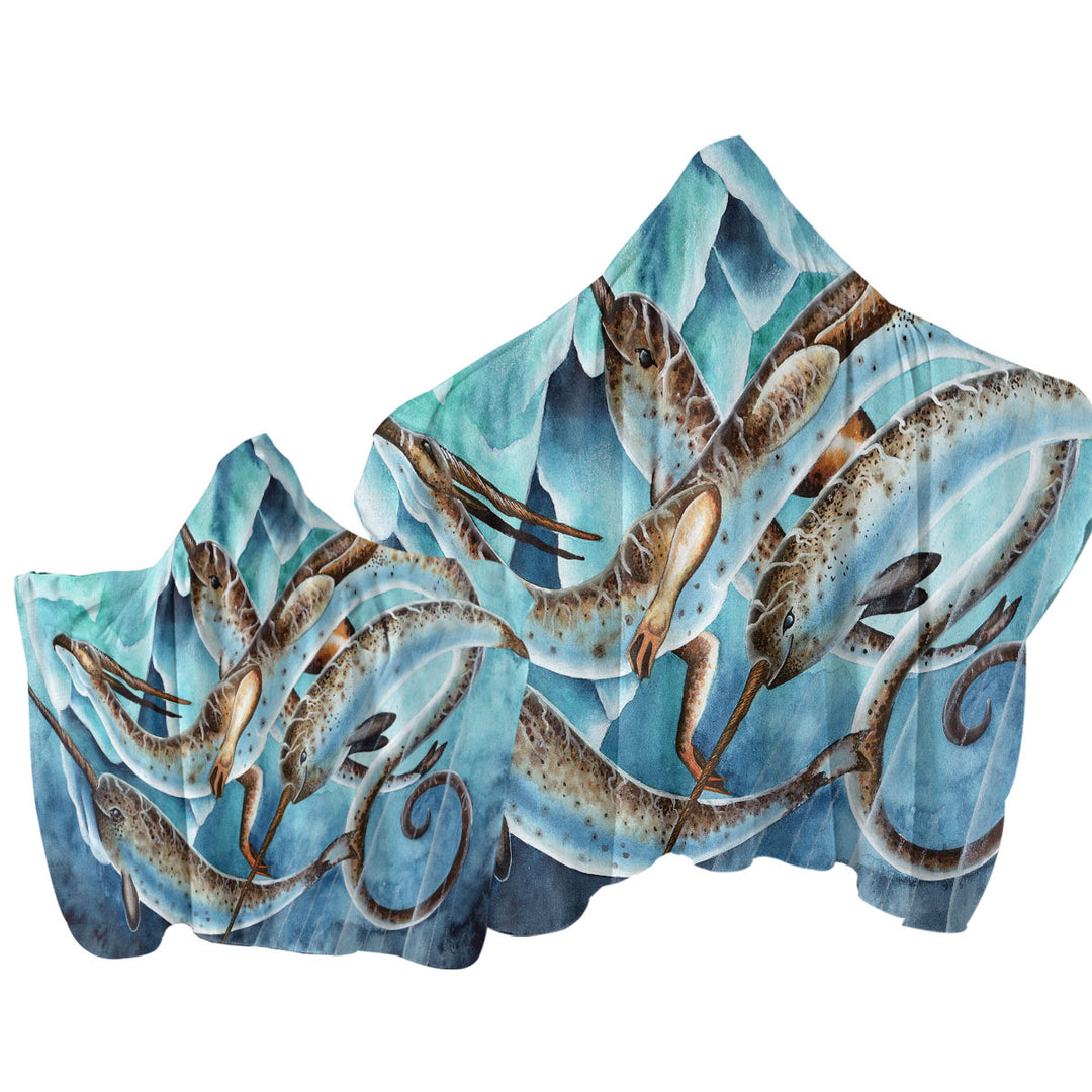 Hooded Beach Towel with Dragon and Fantasy Creatures Art Icy Depths