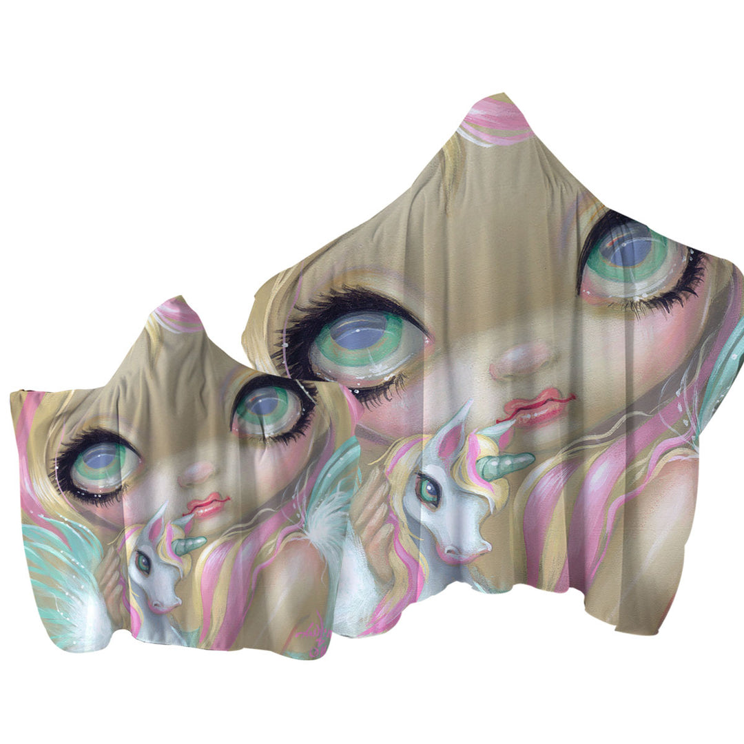 Hooded Beach Towel with Faces of Faery _178 Big Eyed Pinkish Girl Unicorn