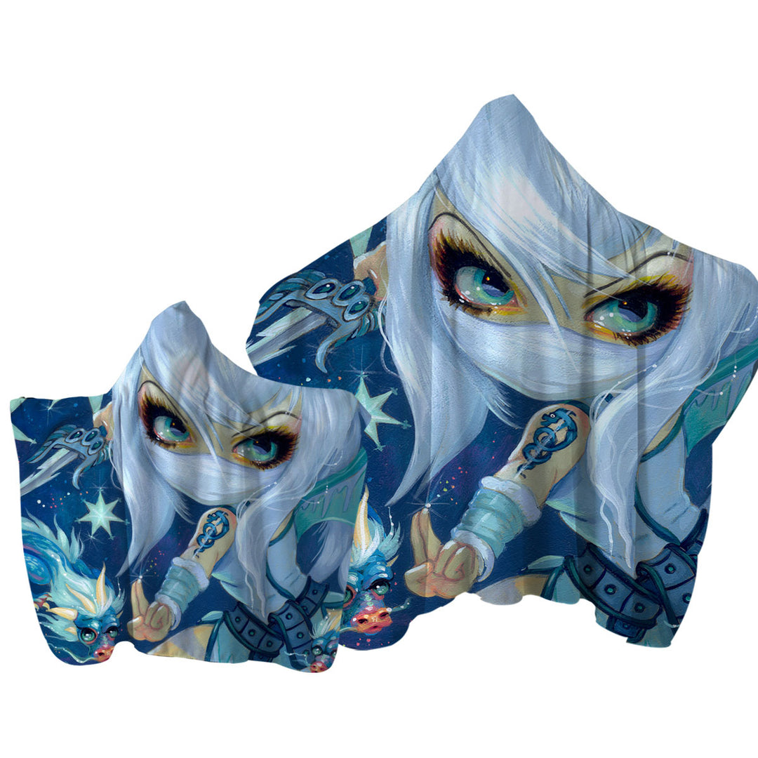 Hooded Beach Towel with Faces of Faery _187 Ninja Girl and Star Dragon