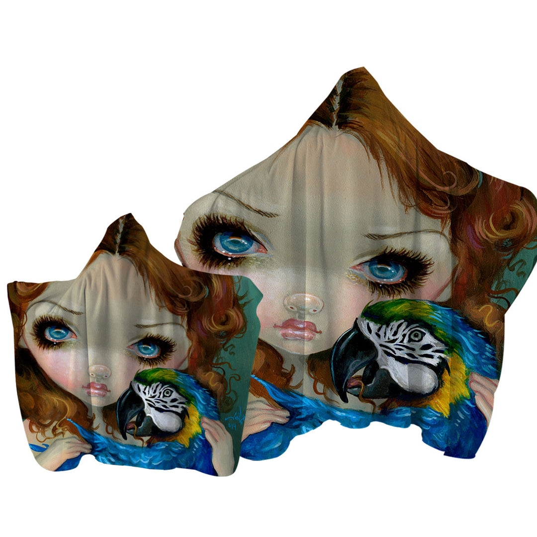 Hooded Beach Towel with Faces of Faery _223 Redhead Girl with Macaw Parrot