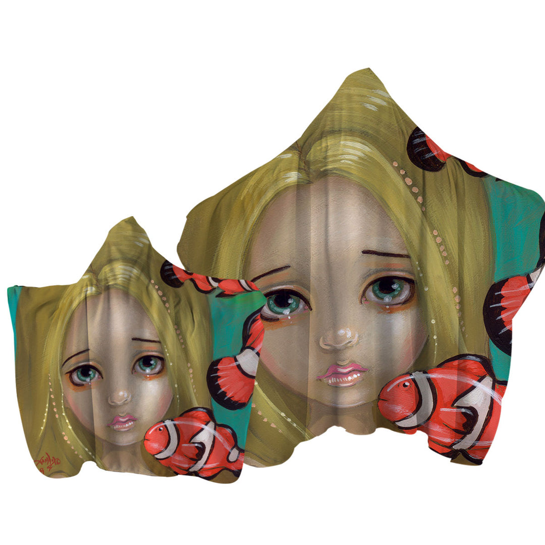 Hooded Beach Towel with Faces of Faery _8 Girl and Clownfish