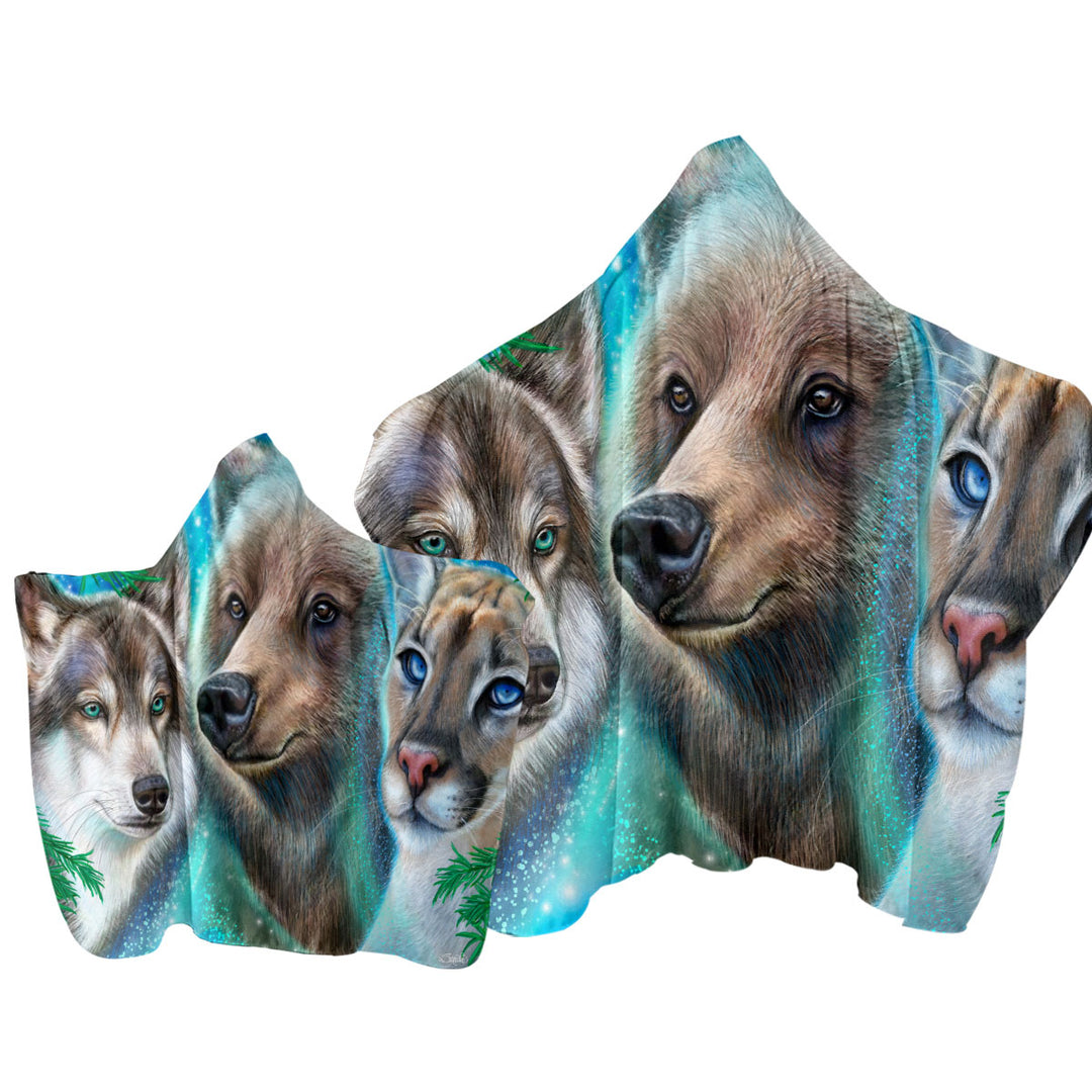 Hooded Beach Towel with Faces of Nature Wolf Bear Cougar