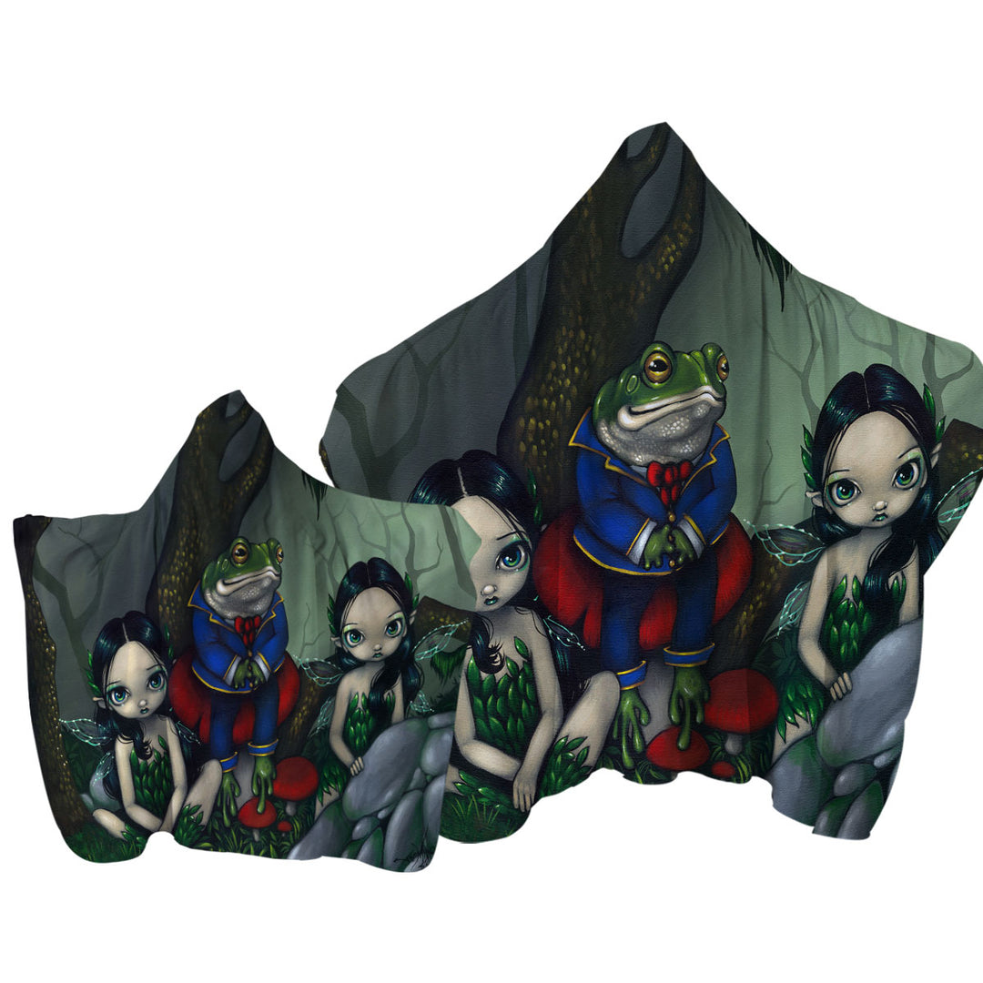 Hooded Beach Towel with Fairytale the Handsome Frog and Two Cute Fairies