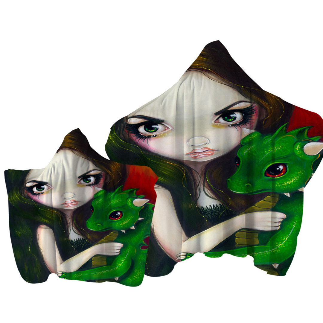 Hooded Beach Towel with Fantasy Art Girl and Baby Green Dragon