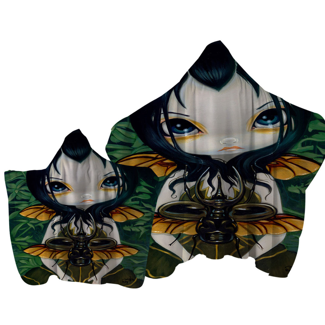 Hooded Beach Towel with Fantasy Art Lovey Fairy Beetle Wings