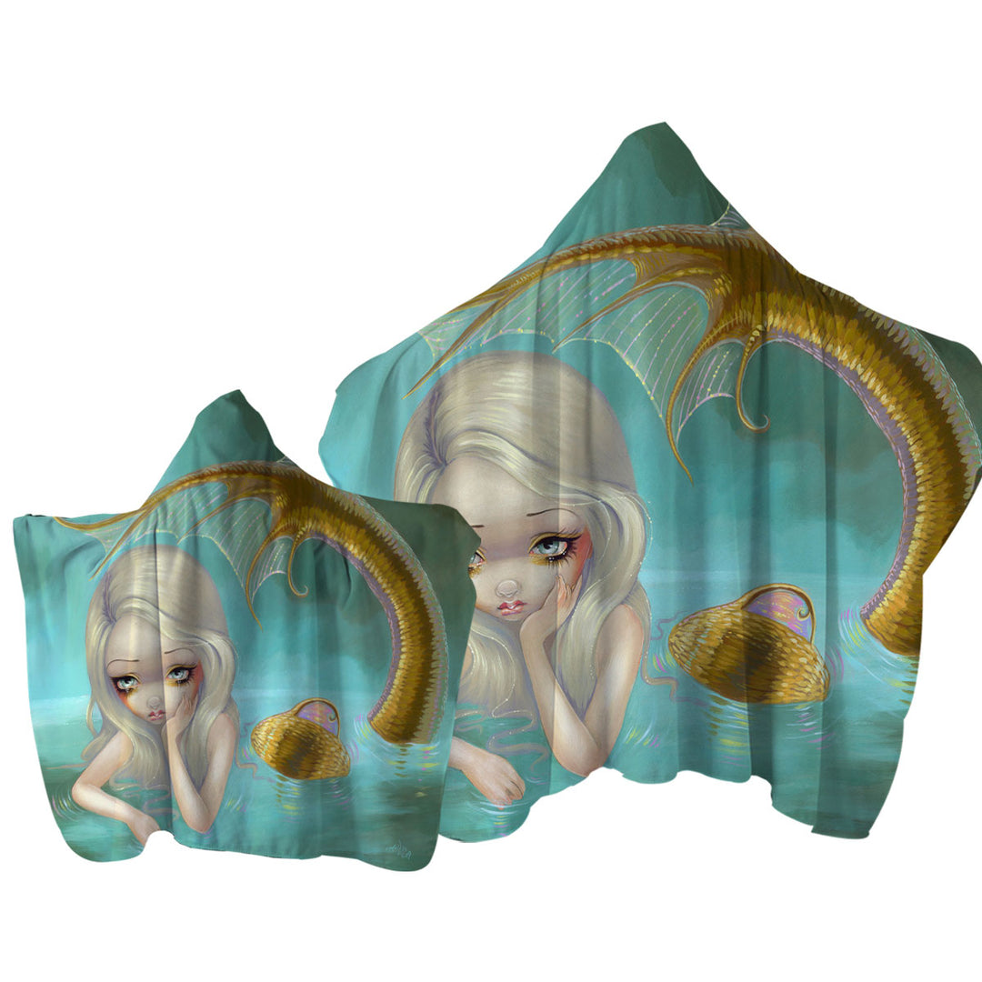 Hooded Beach Towel with Fantasy Art Sad Looking Golden Mermaid