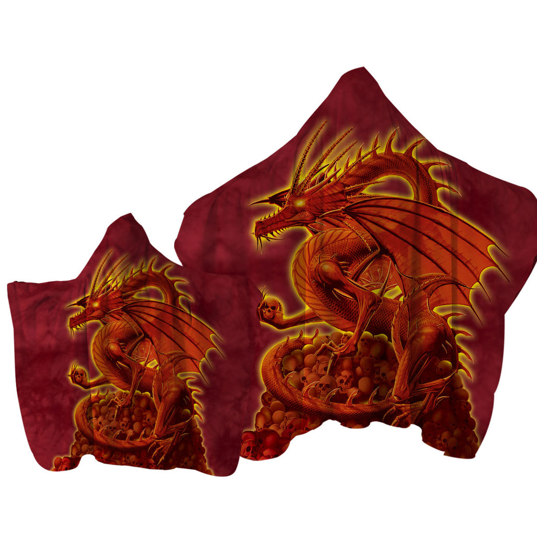 Hooded Beach Towel with Fantasy Art Scary Human Skulls Red Dragon