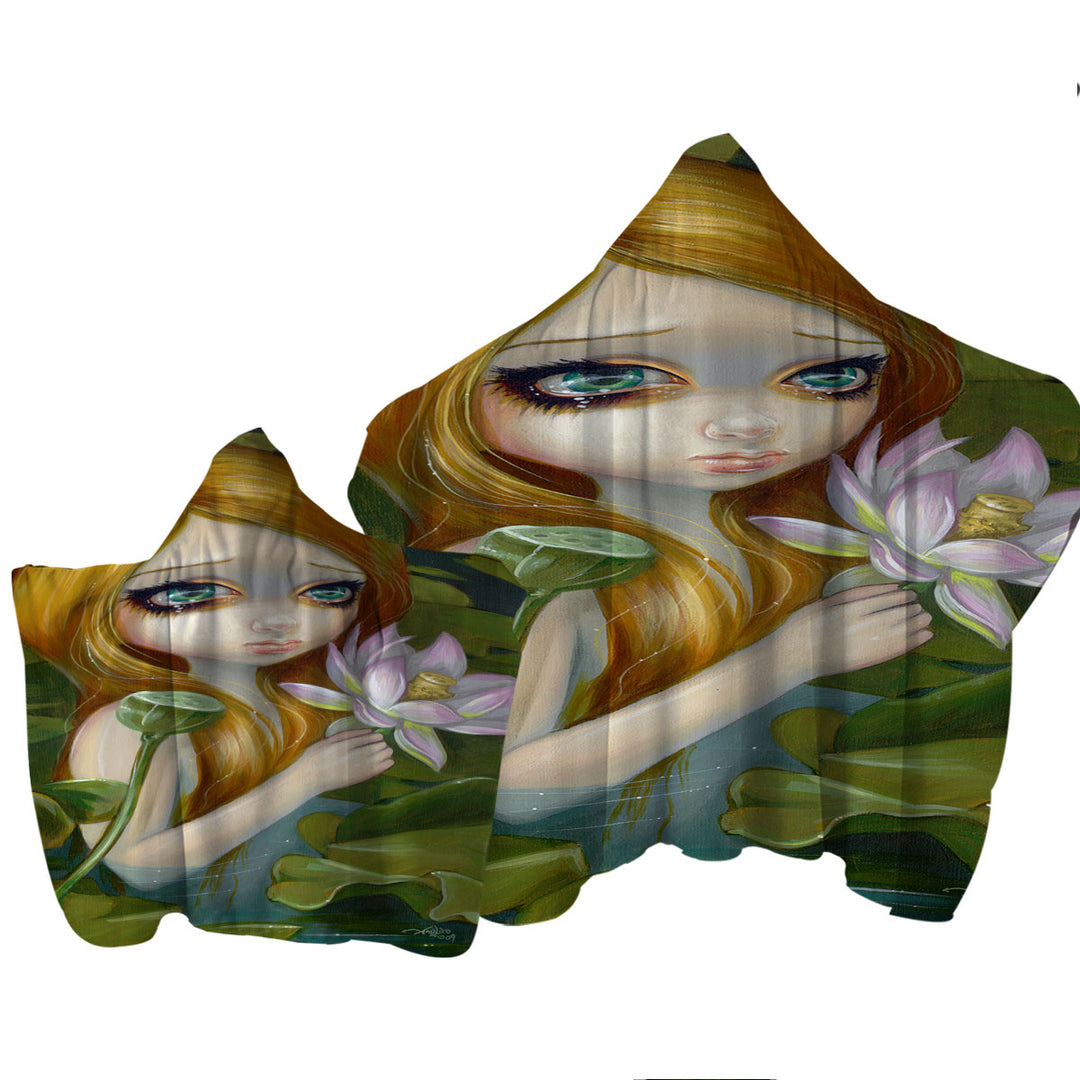 Hooded Beach Towel with Fantasy Painting Mermaid Picking Lotus Blossoms