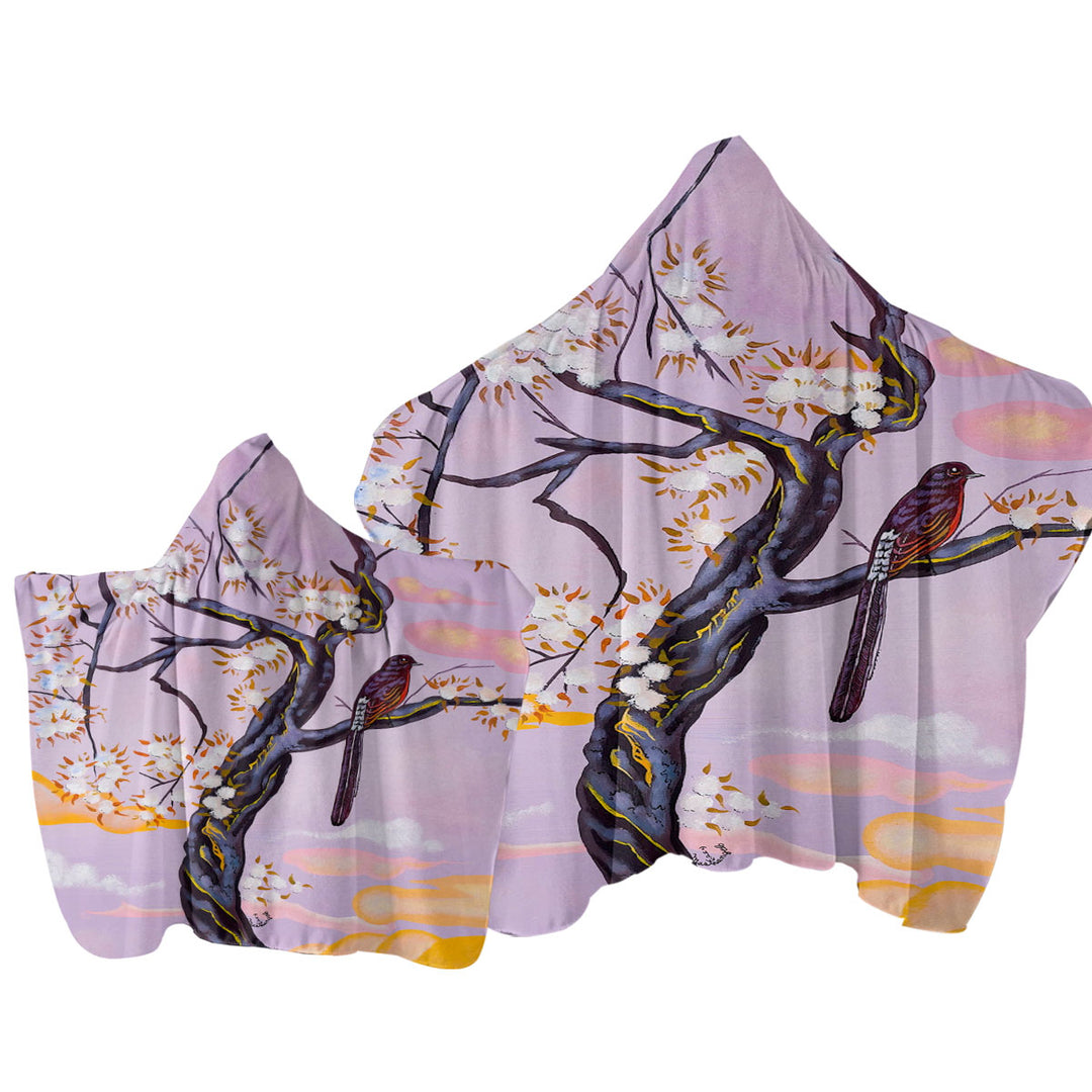 Hooded Beach Towel with Flowers Painting Bird on Lavender