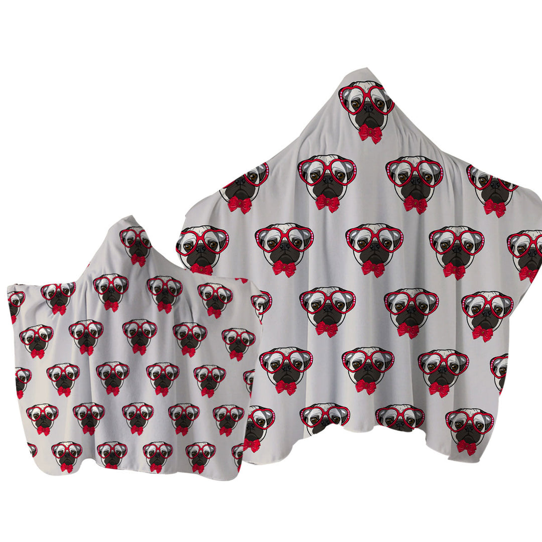 Hooded Beach Towel with Funny Hipster Pug Dog Pattern