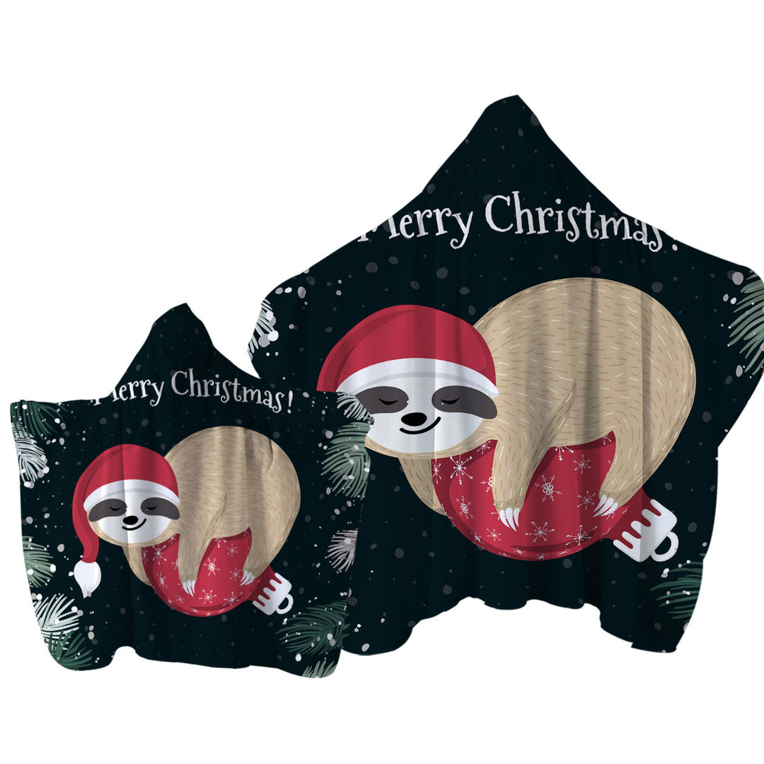 Hooded Beach Towel with Funny Santa Sloth Sleeping on Christmas Bauble