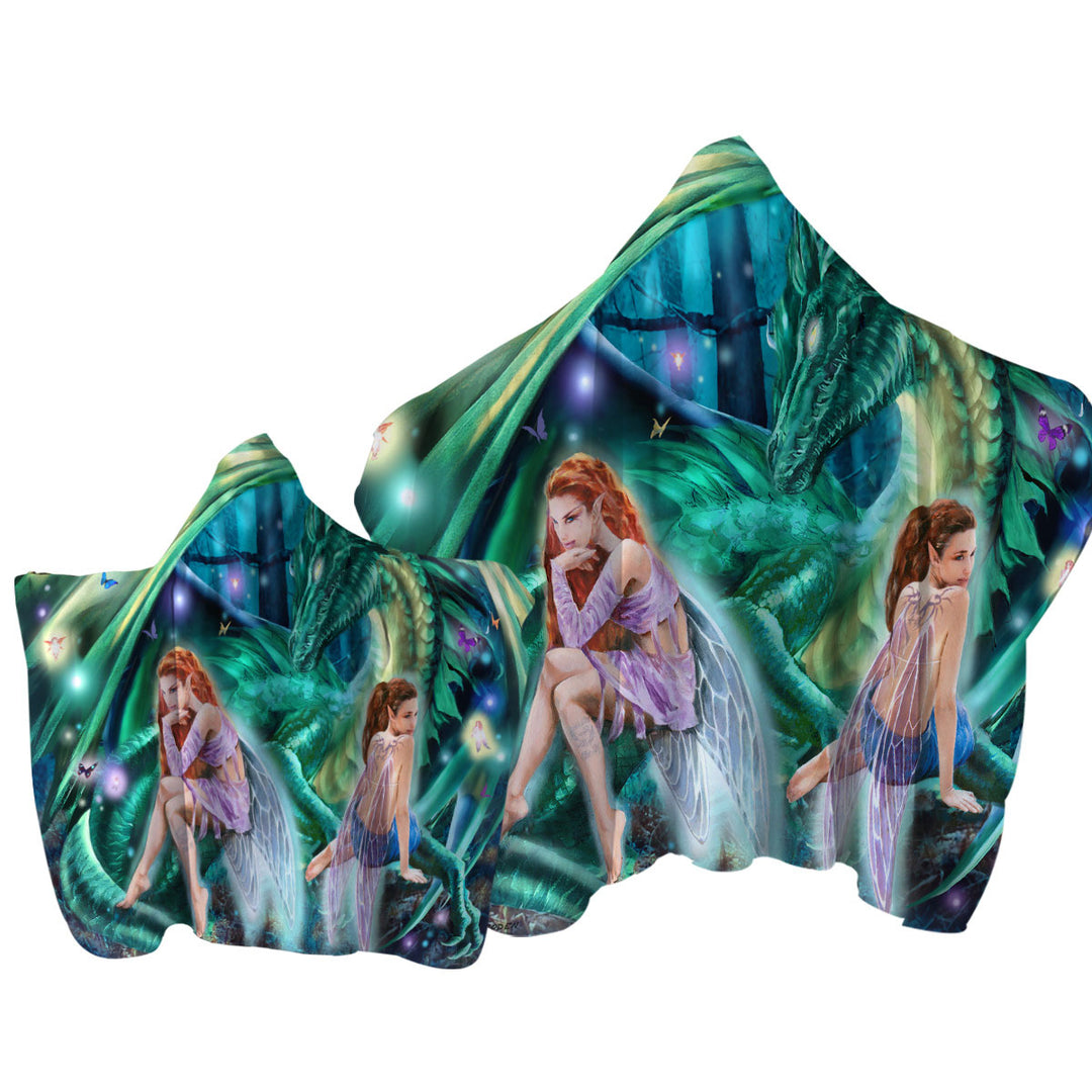 Hooded Beach Towel with Gemini Mischief Fairies and Dragon