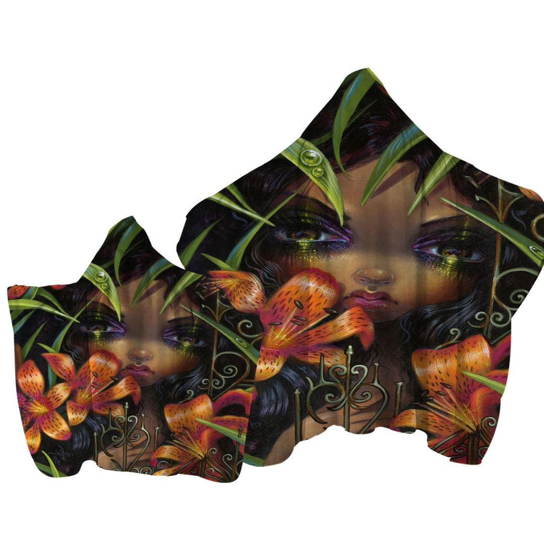 Hooded Beach Towel with Gothic Art the Language of Flowers Tiger Lily Girl