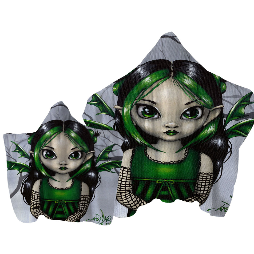 Hooded Beach Towel with Gothling Cute Green Goth Fairy in Misty Forest