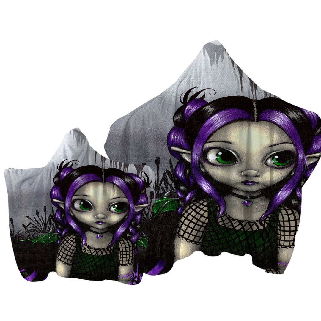 Hooded Beach Towel with Gothling Cute Purple Goth Elf Girl in Eerie Swamp