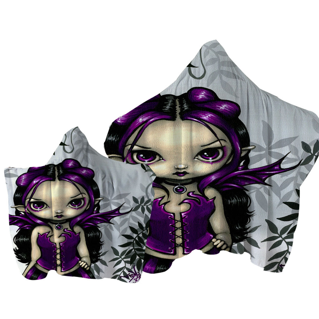 Hooded Beach Towel with Gothling Violet Goth Elf Fairy Girl and Plants