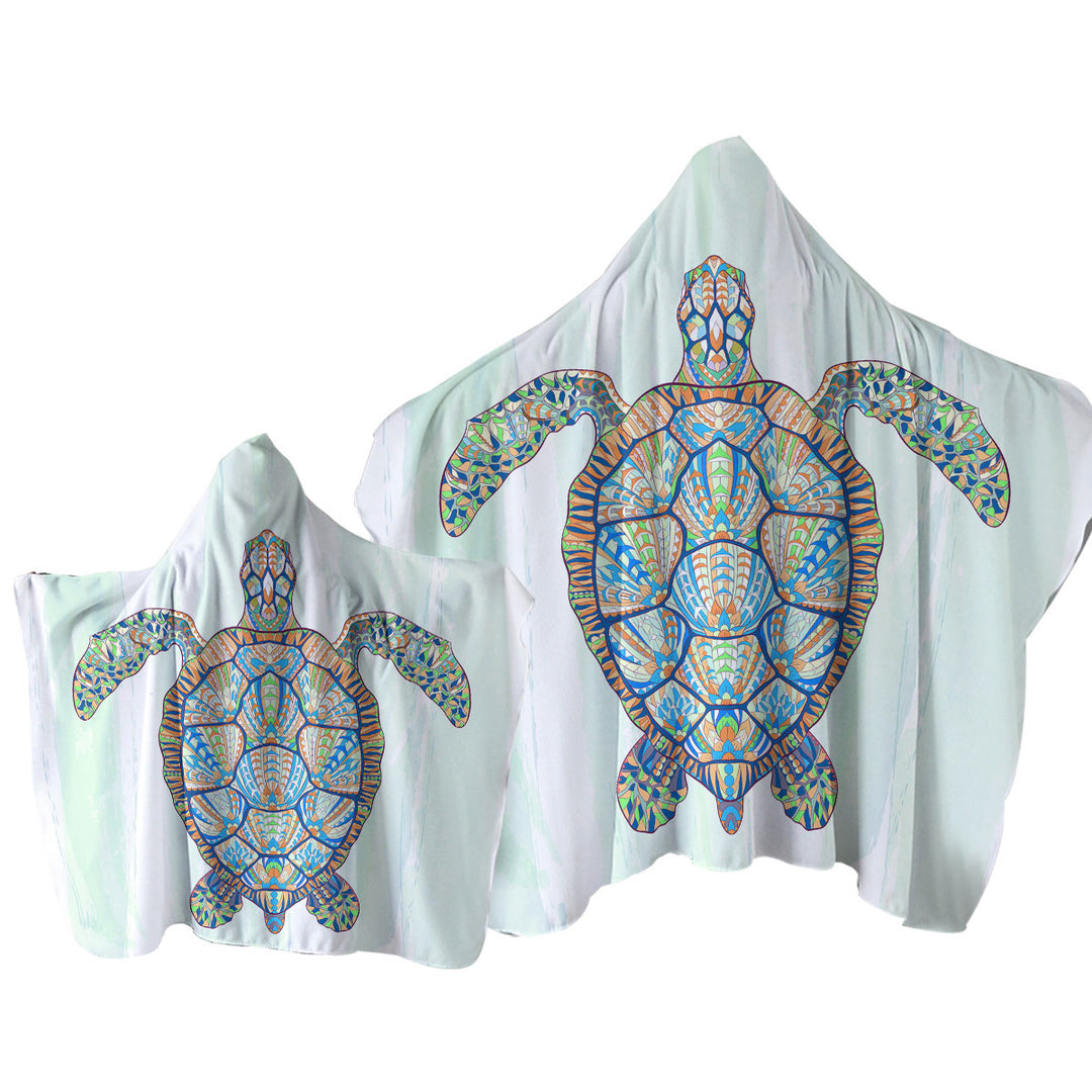 Hooded Beach Towel with Green Blue Artistic Turtle