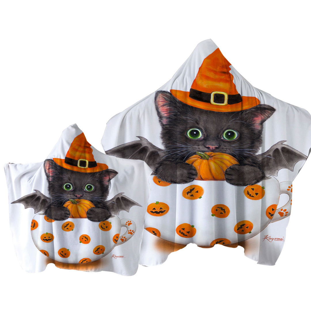 Hooded Beach Towel with Halloween Cat the Pumpkin Cup Bat Kitten