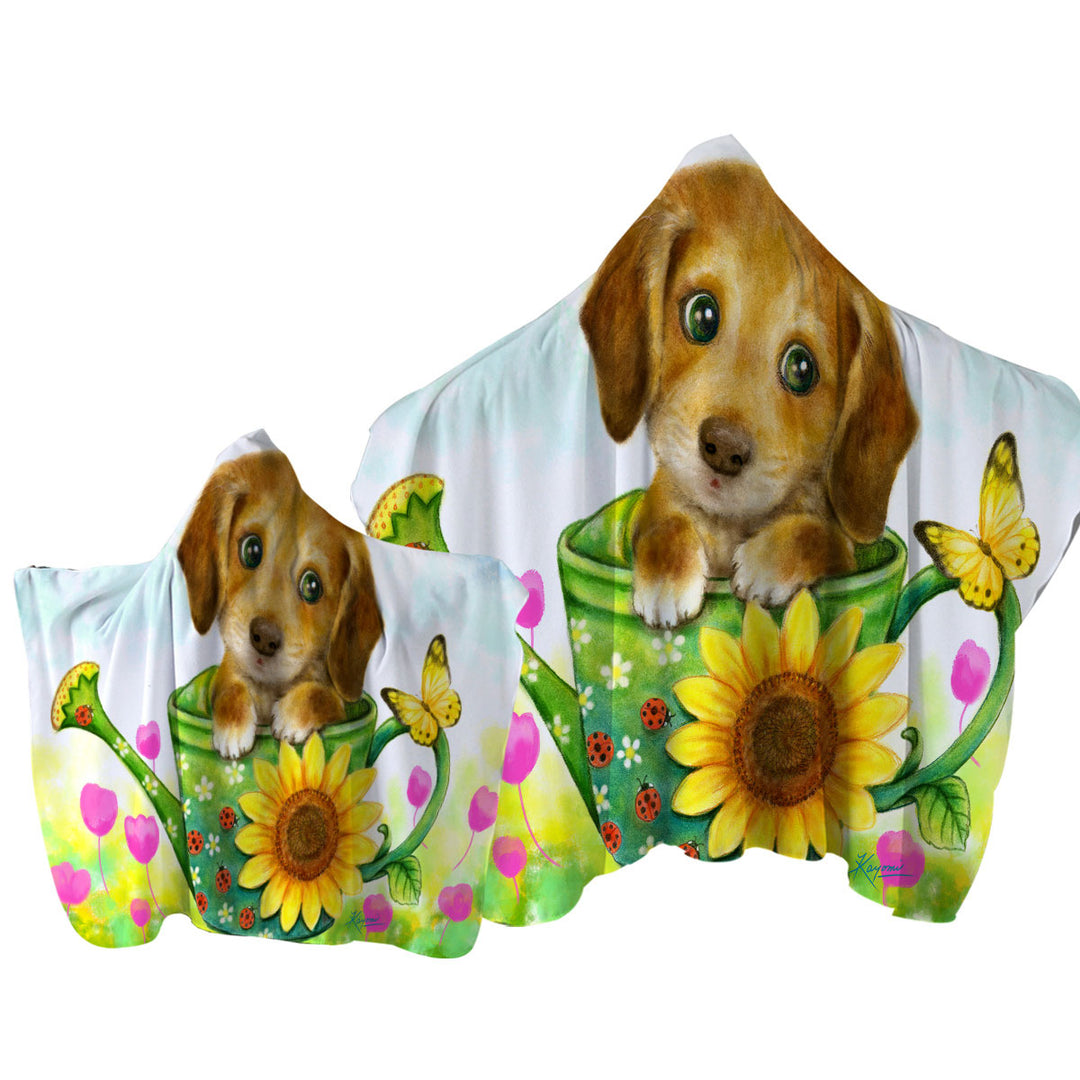 Hooded Beach Towel with Kids Animal Dogs Art Cute Dachshund in Garden