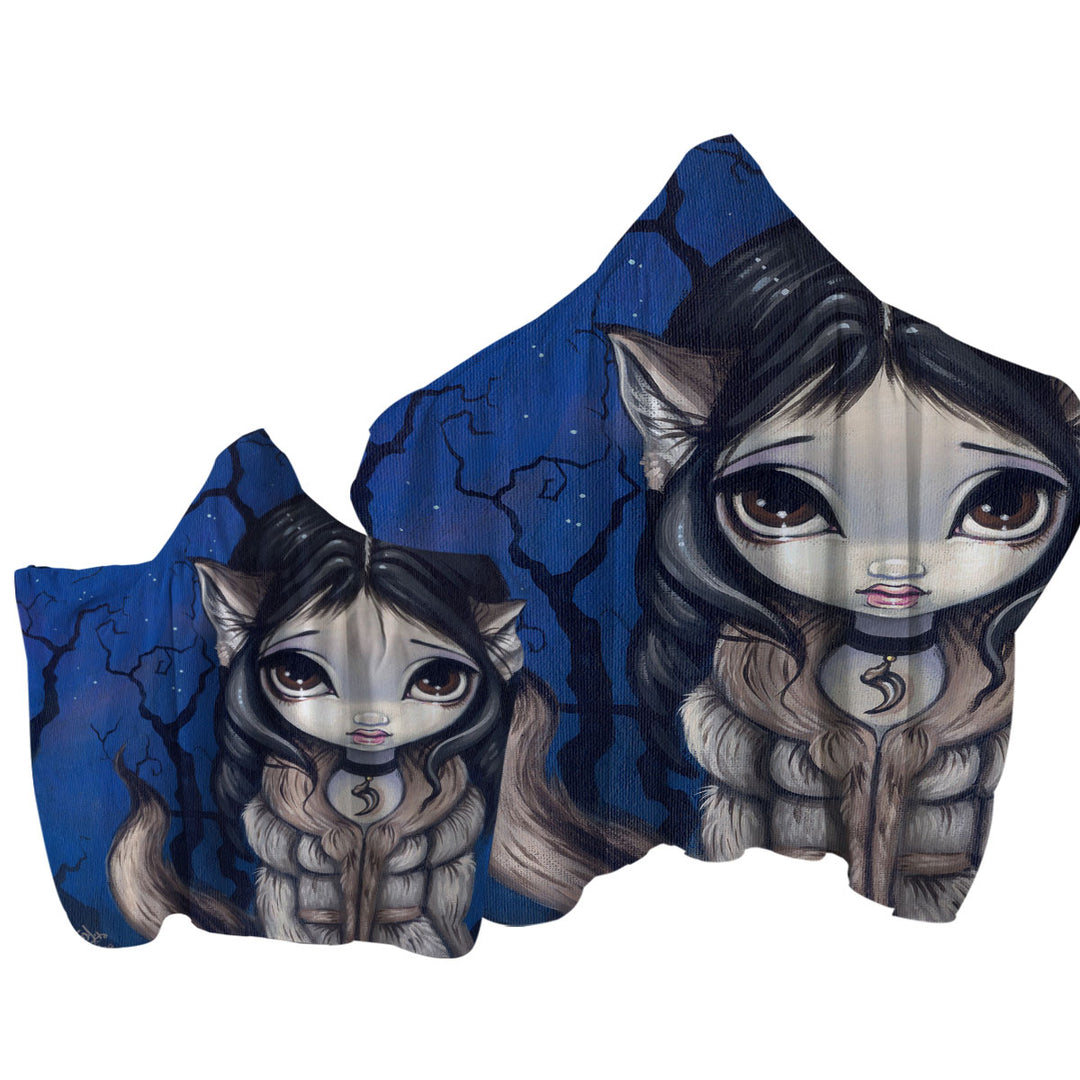 Hooded Beach Towel with Kids Fantasy the Little Wolf Girl