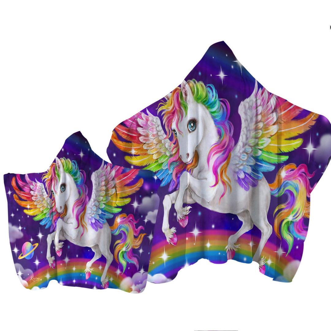 Hooded Beach Towel with Magical Galaxy Space Colorful Rainbow Pegasus