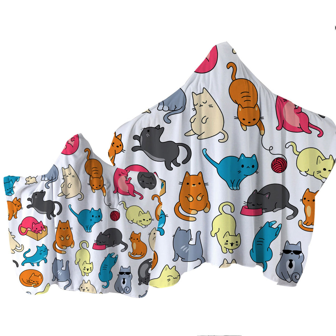 Hooded Beach Towel with Multi Colored Cats Drawings