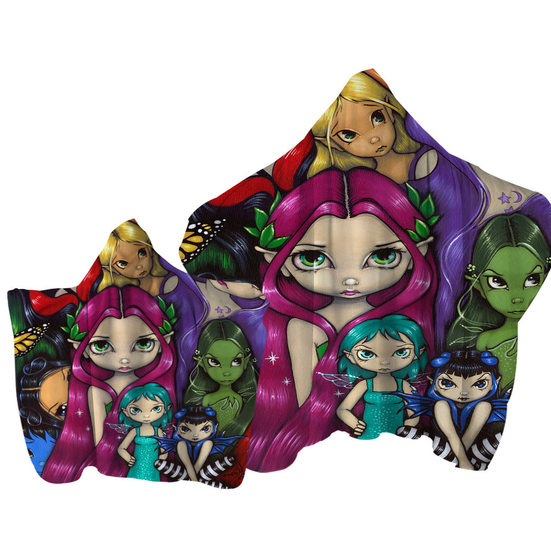 Hooded Beach Towel with Multi Colored Painting Fairy Group Portrait